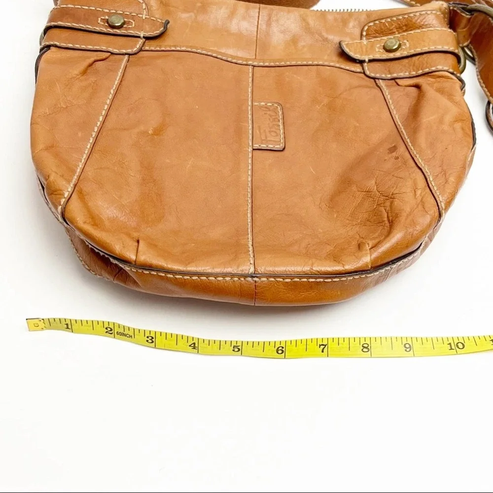 FOSSIL Brown Leather Stitched Adjustable Strap Paisley Lined Shoulder Bag Boho